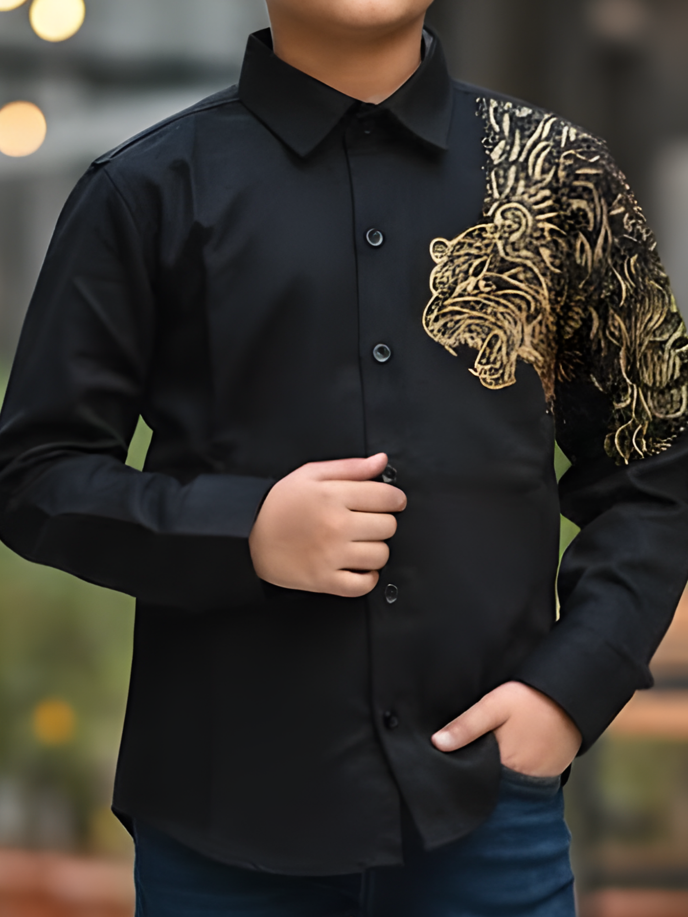 Boys Black & Gold Lion Art Party Wear Shirt