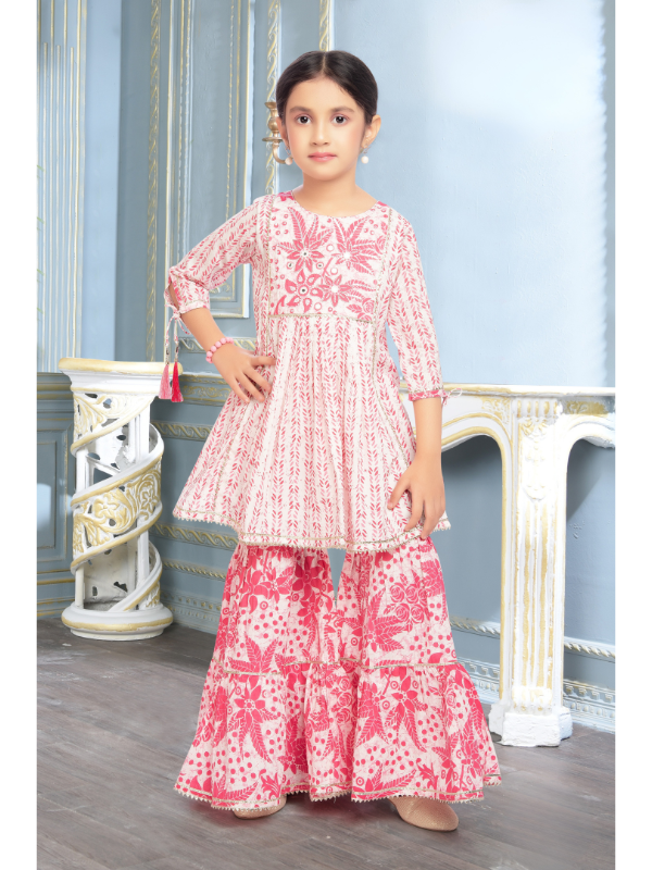 Girls Traditional 3/4th Sleeves Sharara Set - Pink