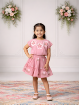 Girls Peach Floral Top & Tiered Skirt Set