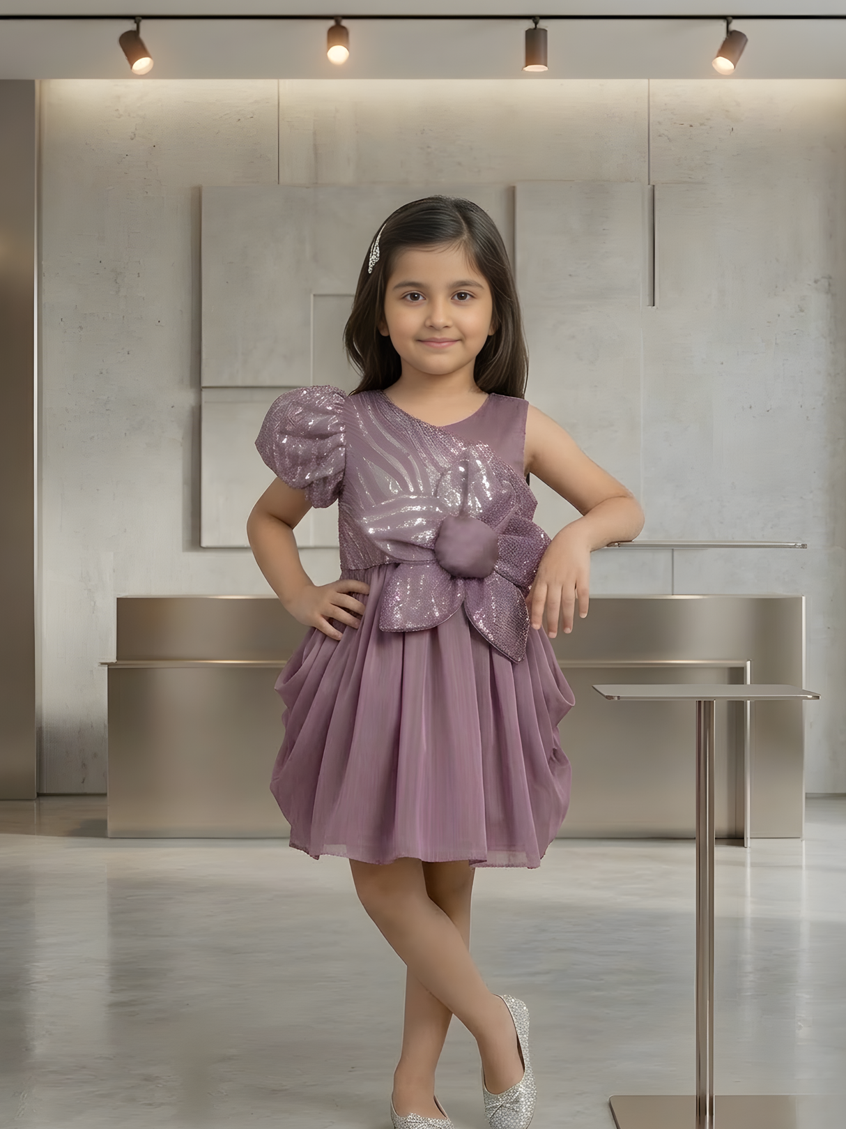 Girls' Mauve One-Shoulder Party Frock with Sequin Zebra Print and Flower.