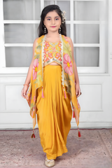 Girls' Vibrant Yellow Dhoti Set with Floral Shrug & Embroidered Top