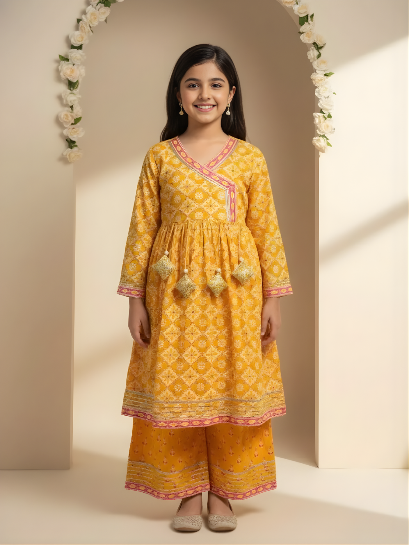 Girls Mustard Yellow Angrakha Style Kurta and Palazzo Set