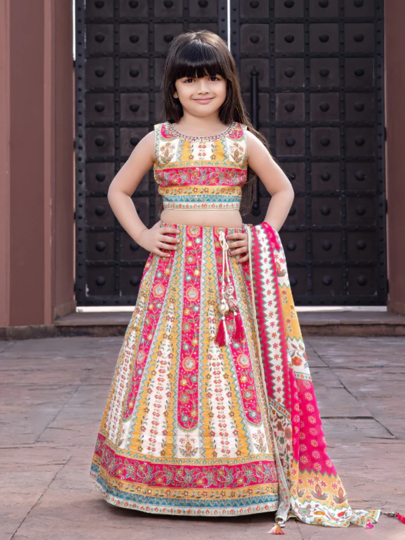 Girls' Cream & Pink Printed Crop Top Lehenga Choli Set