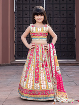 Girls' Cream & Pink Printed Crop Top Lehenga Choli Set