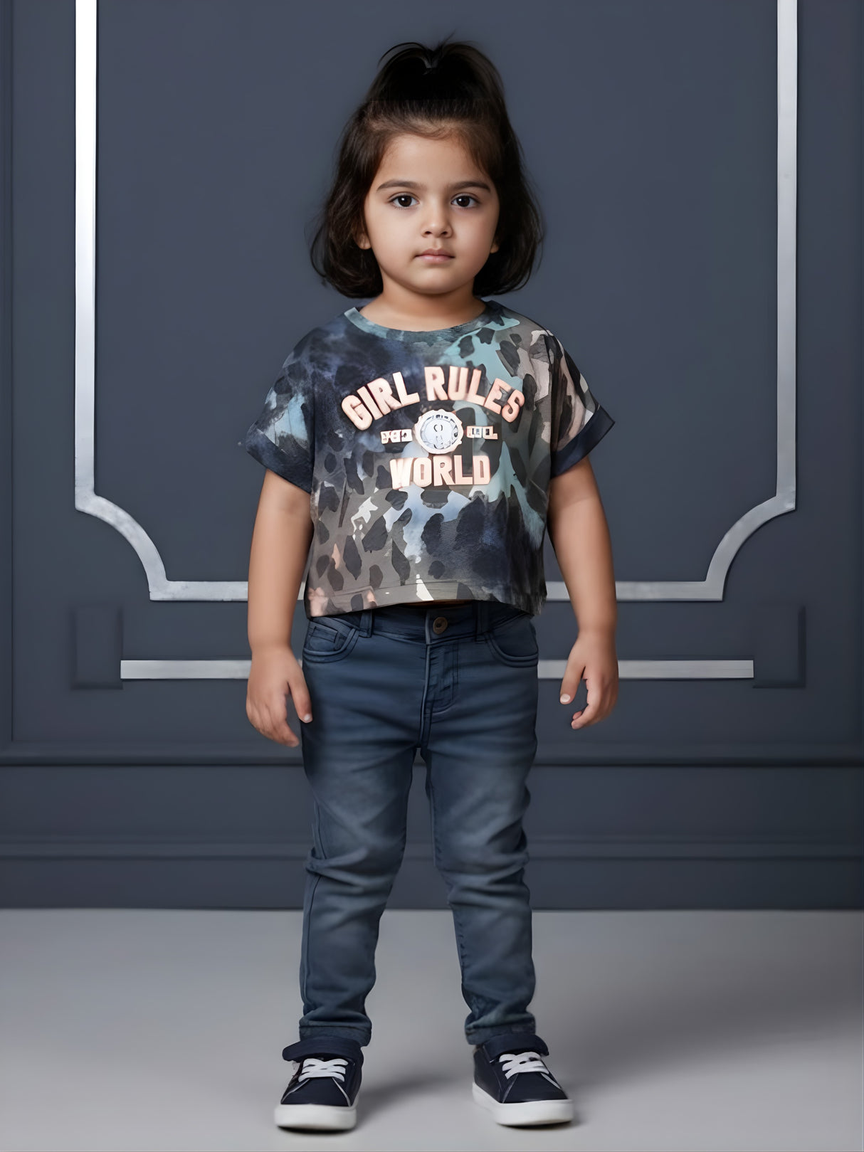 Girls Brown Cheetah Print "Girl Rules World" Crop Tee