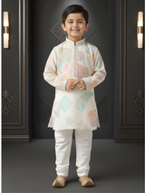 Boys Cream Kurta Set with Pastel Geometric Prints & Embroidered Neckline