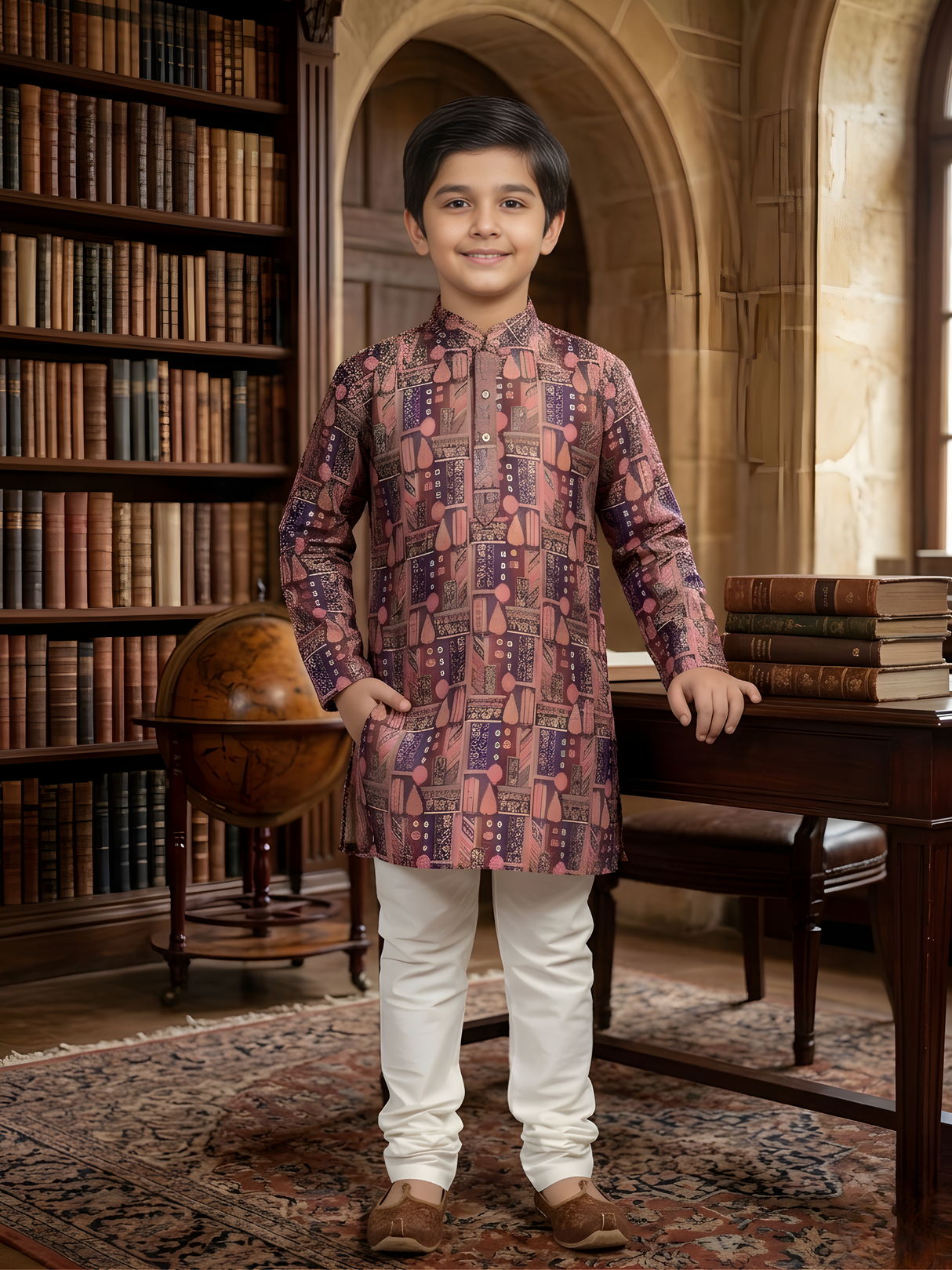 Boys' Mauve & Blue Figurative Print Kurta with Cream Pyjama Set.