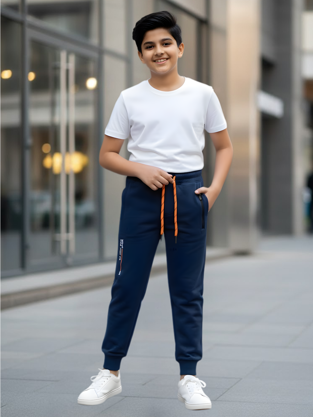 Boys' Navy Blue Cotton Blend Joggers with Contrast Drawstring