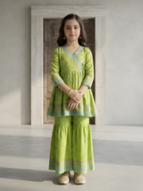 Girls' Elegant Teal Floral Print Angrakha Kurti, Trouser & Dupatta Set