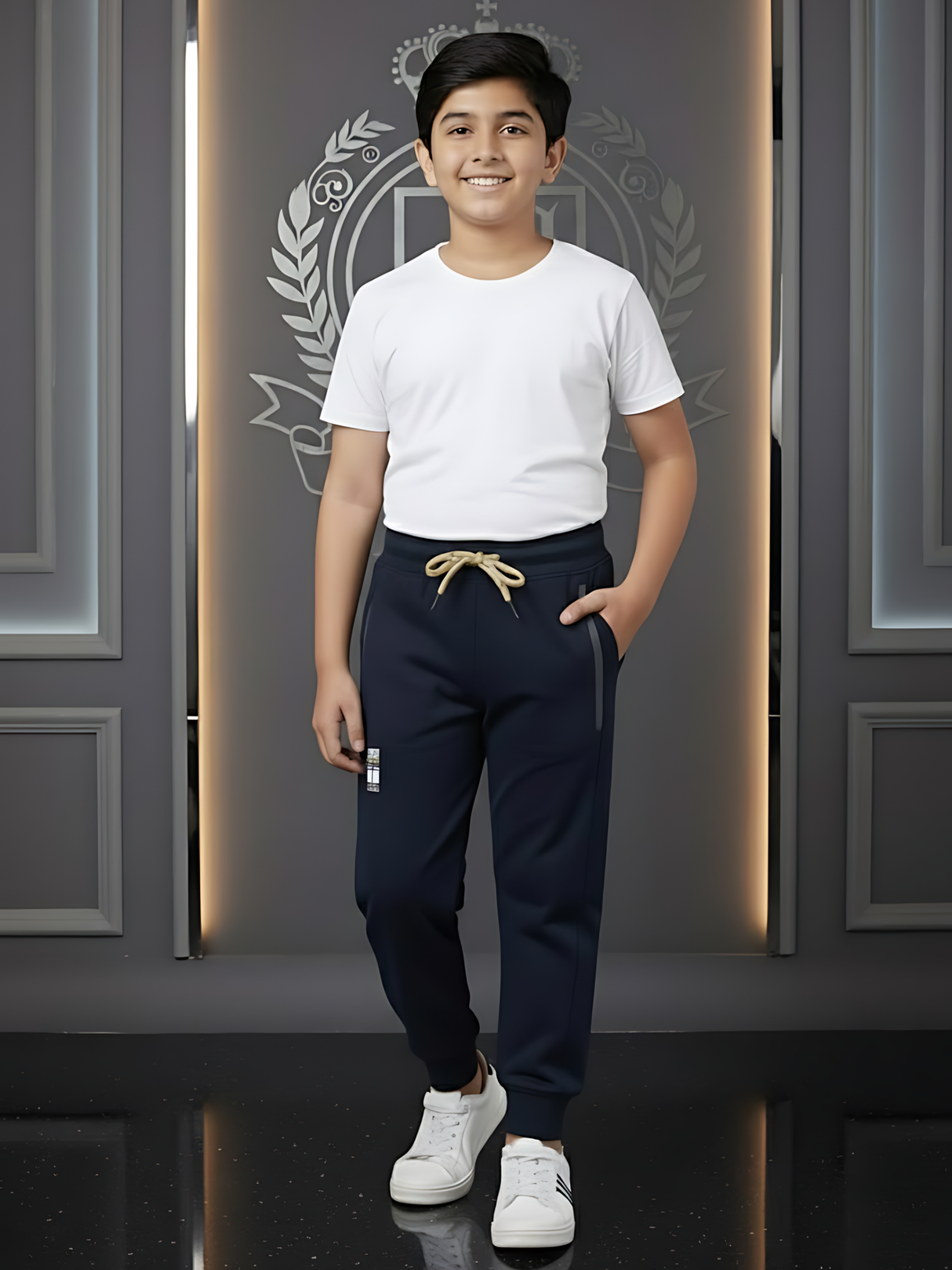 Boys' Navy Blue Active Track Pants with Sporty Contrast Drawstring