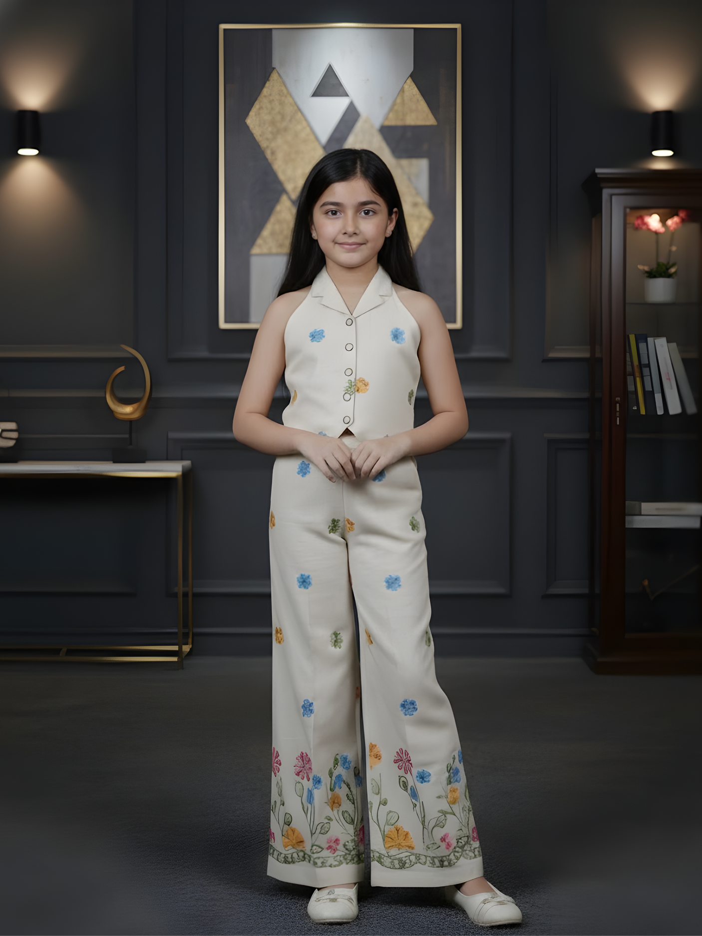 Girls' Cream Floral Embroidered Halter Vest & Wide-Leg Trouser Set