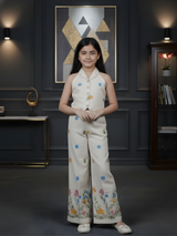 Girls' Cream Floral Embroidered Halter Vest & Wide-Leg Trouser Set