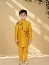 Boys' Gold/Mustard Yellow Kurta Pajama with Floral Embroidered Short Jacket