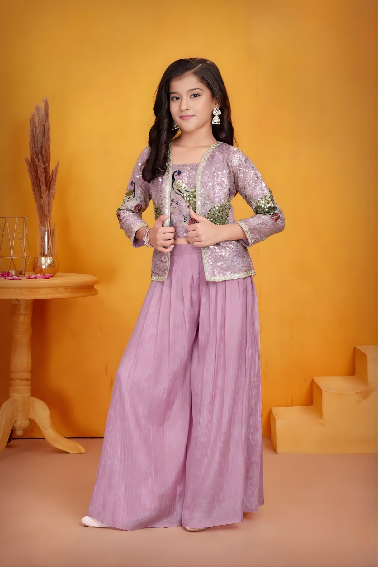 Girls' Sequin Cropped Jacket, Crop Top, and Purple Sharara Set
