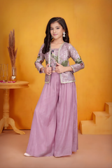 Girls' Sequin Cropped Jacket, Crop Top, and Purple Sharara Set