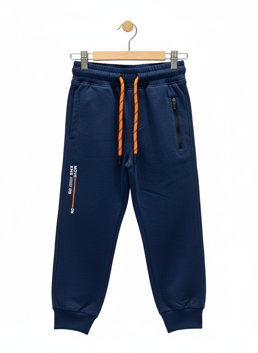 A pair of boys' navy blue fleece jogger track pants with an elastic waist, orange and black contrast drawstring, ribbed ankle cuffs, and a vertical zippered pocket.