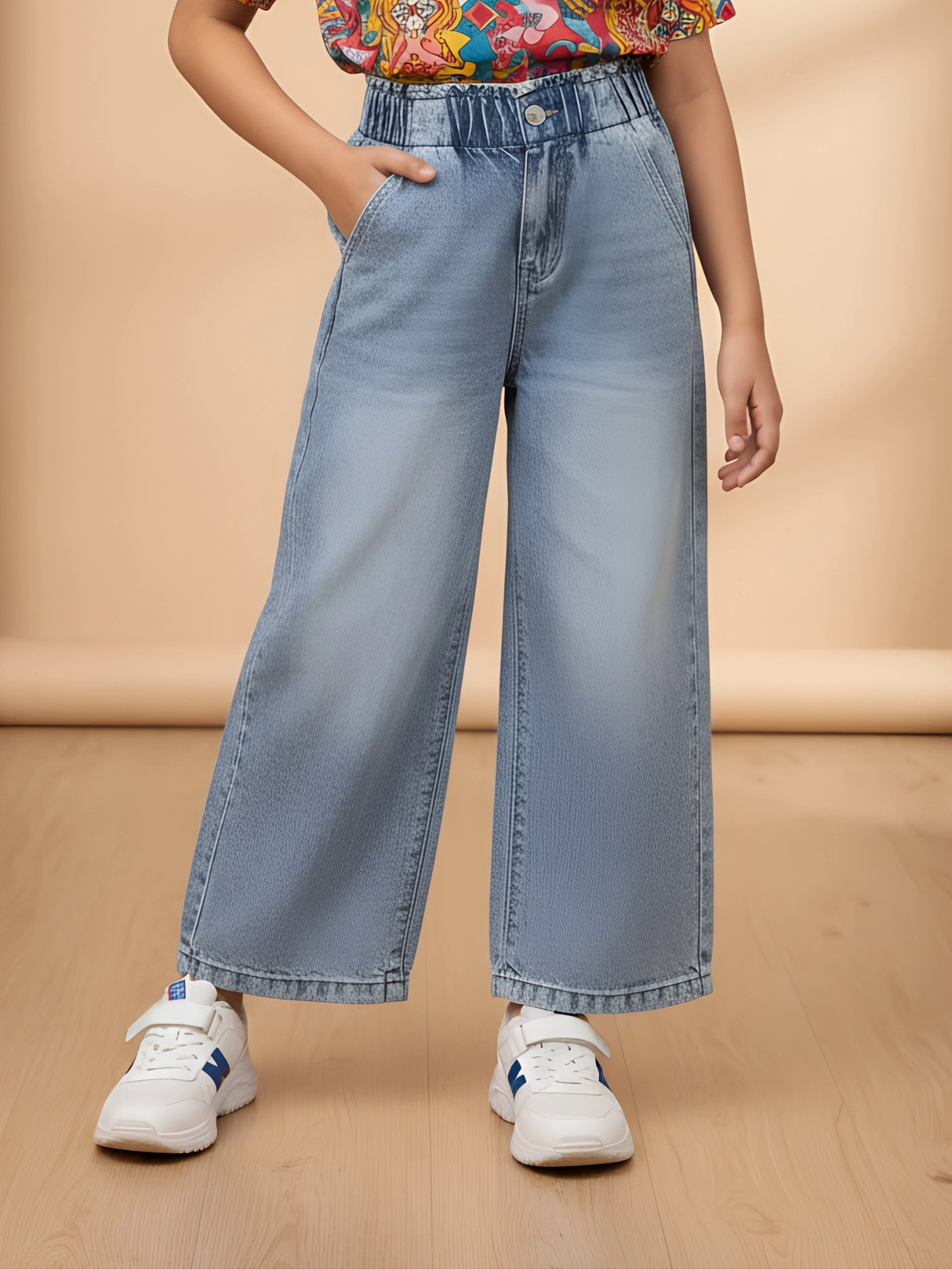 Girls Light Blue High-Waisted Wide Leg Denim Jeans.