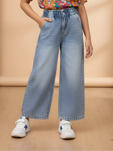 Girls Light Blue High-Waisted Wide Leg Denim Jeans.