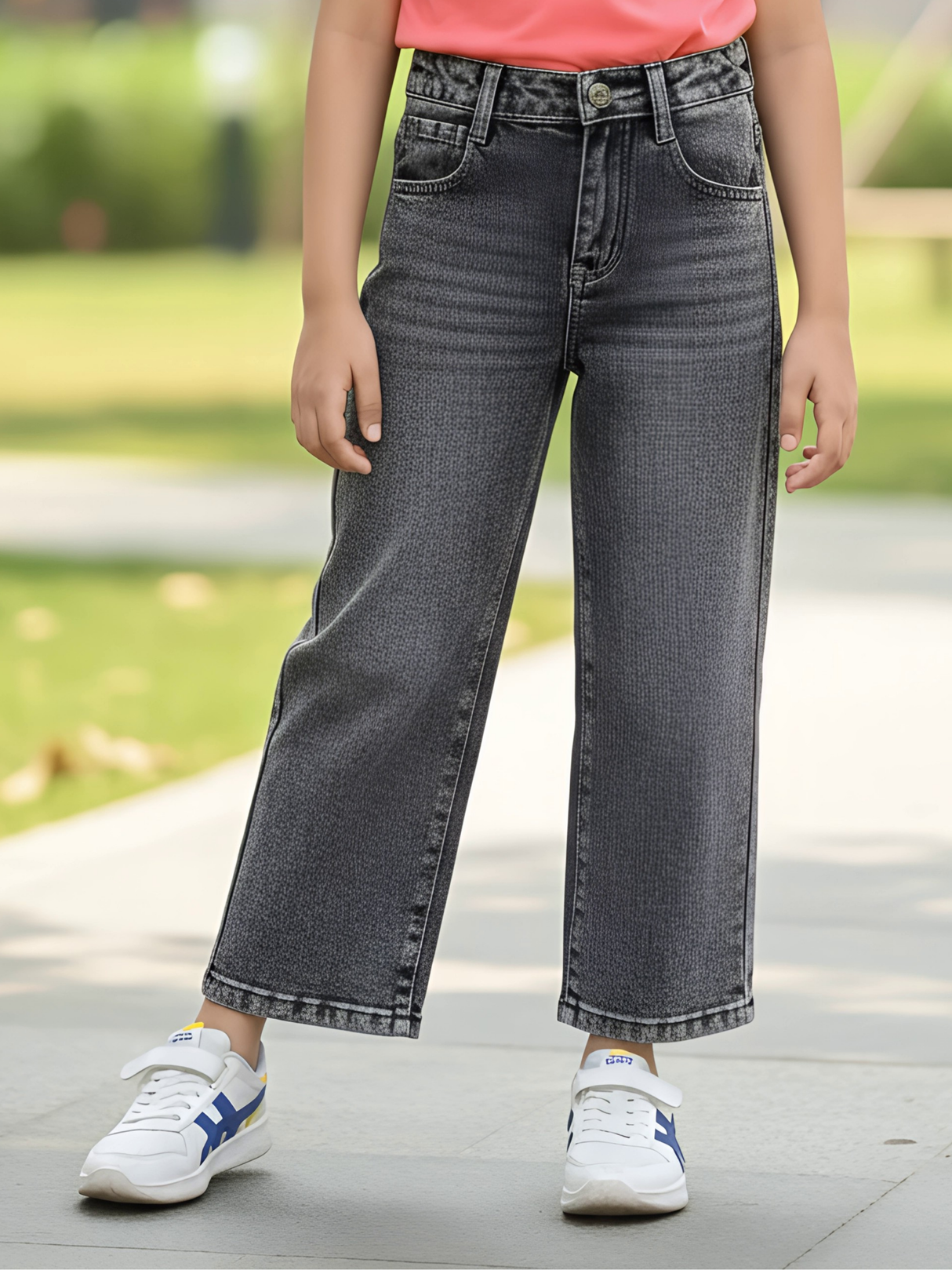 Girls' Grey High-Waisted Wide Leg Denim Jeans.