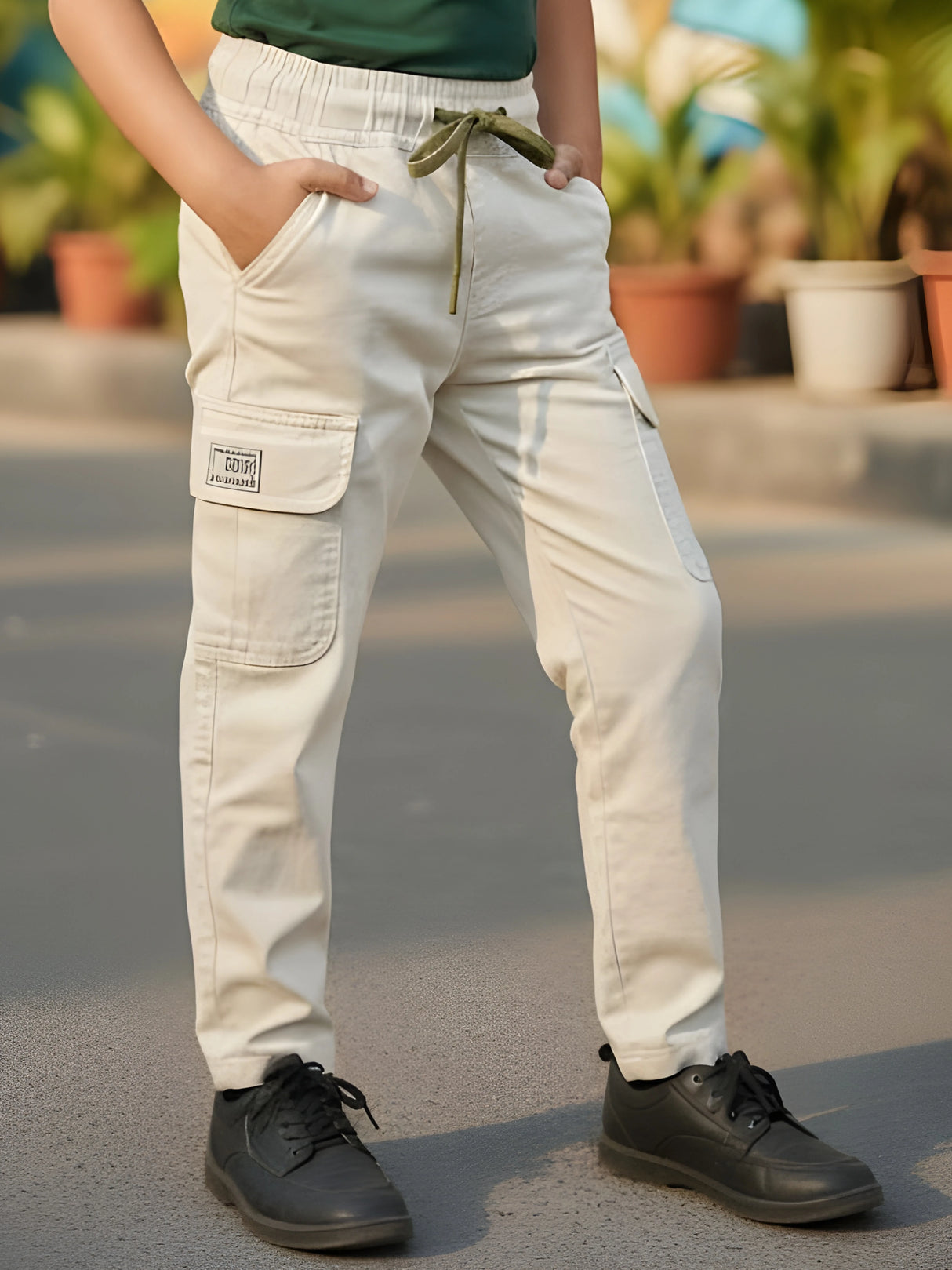 Boys' Cream Casual Cargo Chino Pants with Contrast Drawstring