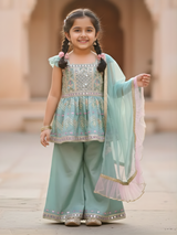 Girls Sea Green Embroidered Peplum PalazzoSet with Ruffled Dupatta