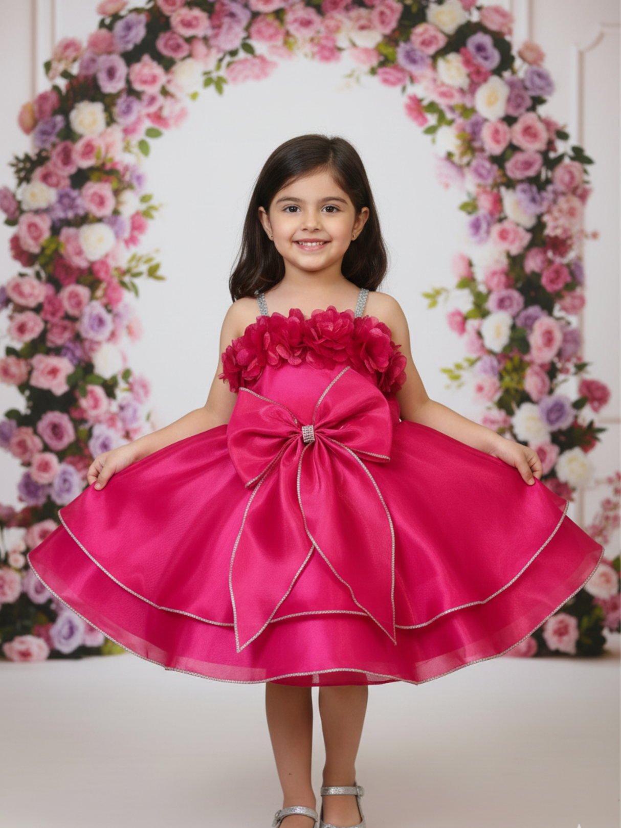 Girls' Hot Rani Pink Tiered Party Frock with Crystal Straps and Oversized Bow.
