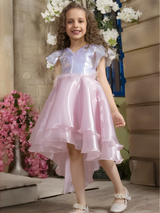 Girls Party Satin Party Frock With Work - Pink