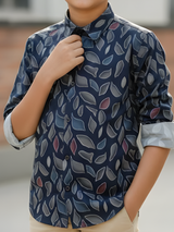 Boys Navy Blue Abstract Leaf Print Casual Shirt
