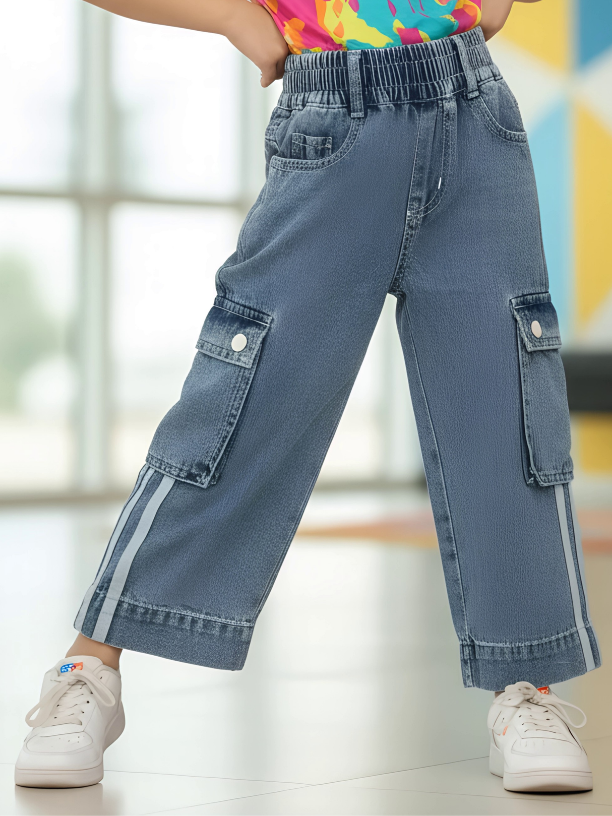 Girls High-Waist Wide Leg Denim Cargo Pants - Atlantic Blue
