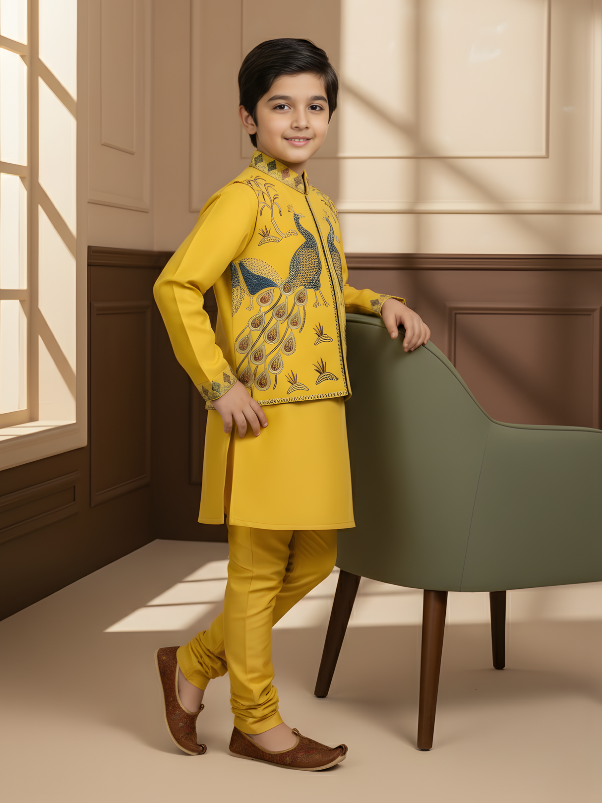 Kids Yellow Kurta Set with Embroidered Peacock Jacket – Festive Ethnic Wear