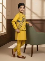 Kids Yellow Kurta Set with Embroidered Peacock Jacket – Festive Ethnic Wear
