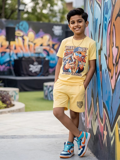 Boys Urban Hip-Hop Graphic Print Yellow Coordinate Set