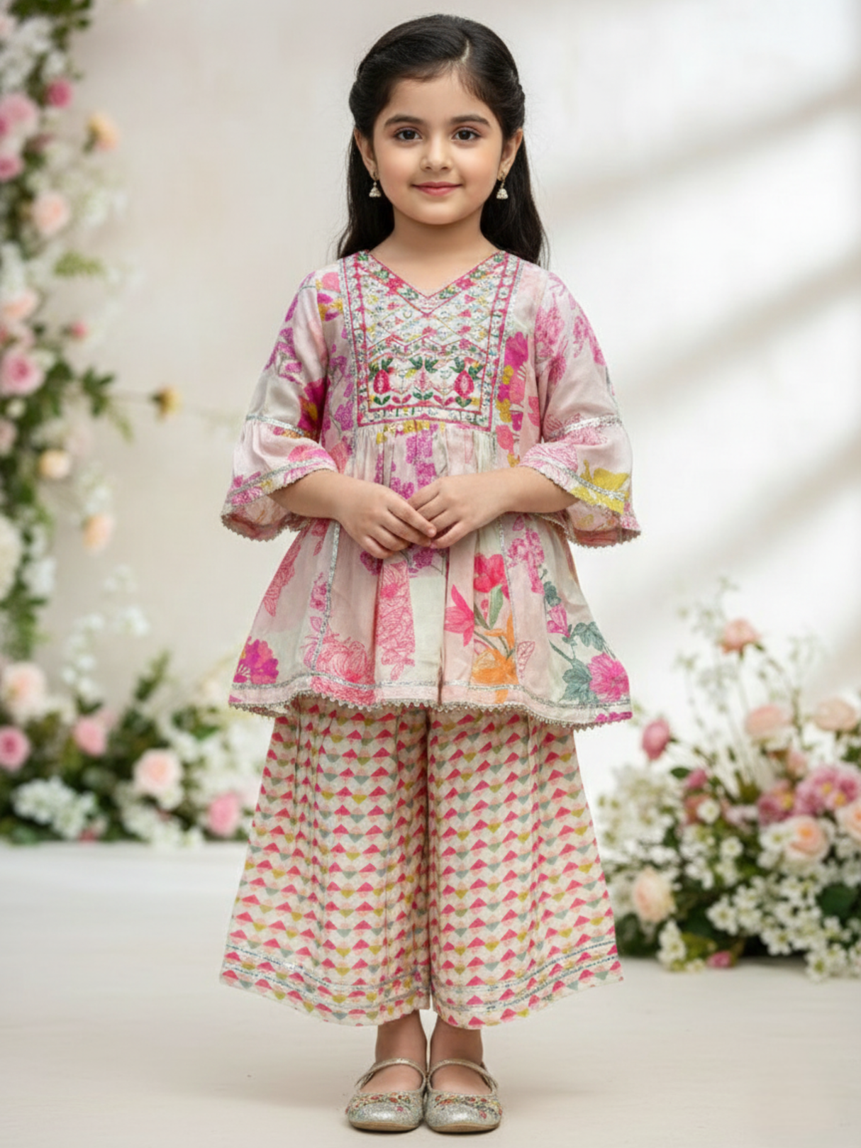 Girls Cream Printed Ethnic Suit with Embroidered Kurti & Sharara