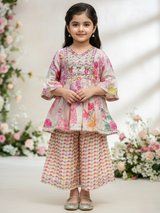 Girls Cream Printed Ethnic Suit with Embroidered Kurti & Sharara