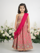 Girls' Festive Coral Pink Crop Top (Choli) and Embroidered Lehenga Skirt Set
