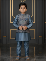 Boys Steel Blue Silk Kurta Set with Geometric Printed Nehru Jacket