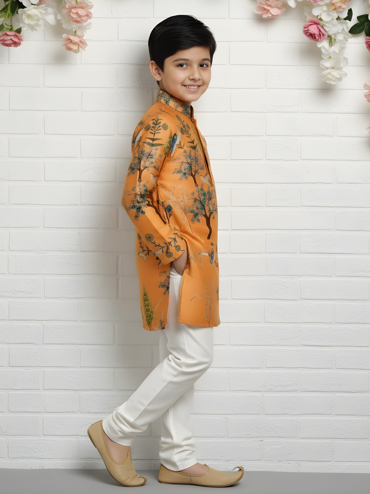 Boys' Bright Yellow Angrakha Kurta and White Pajama Set with Peacock Print