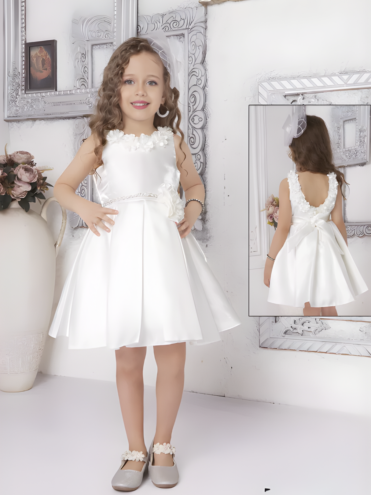 Girls Party Satin Party Frock With Work - White