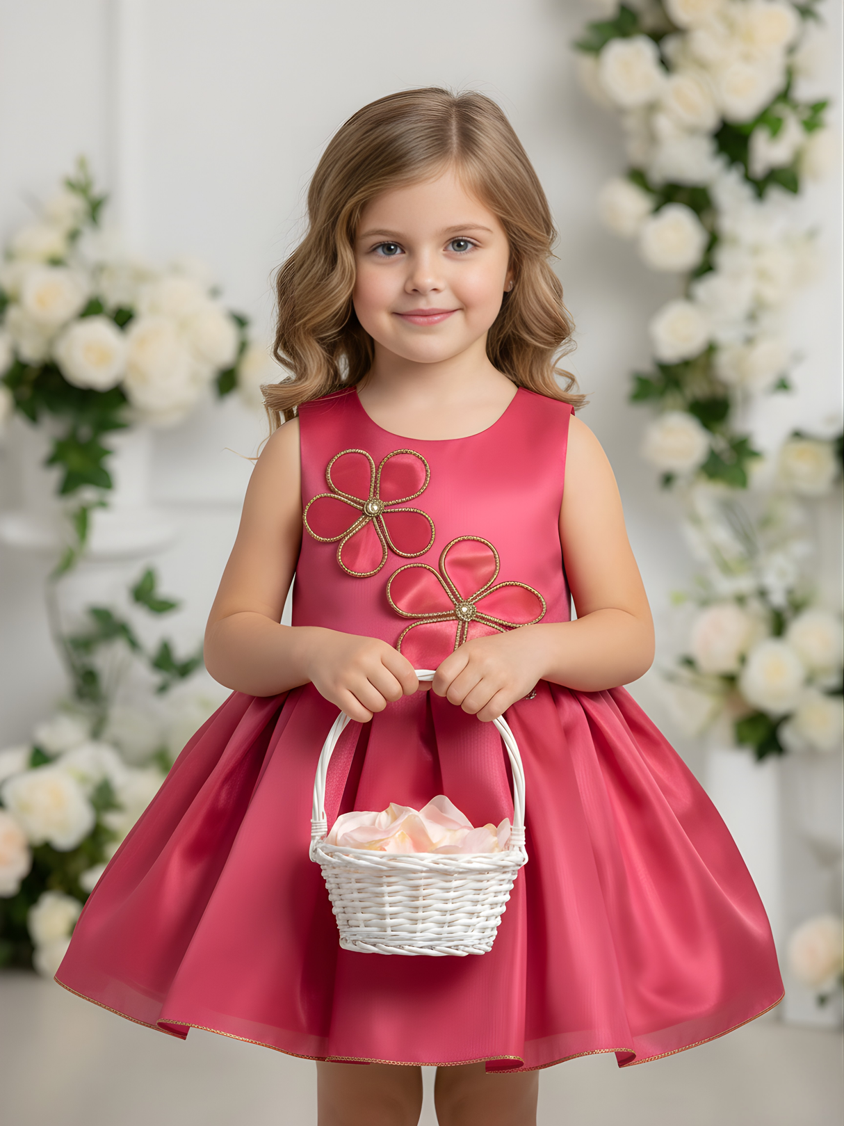 Girls' Hot Pink Shimmer Sleeveless Party Frock with Butterfly Flower .