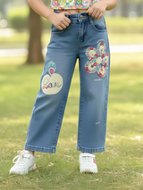 Girls' Floral Patchwork Wide-Leg Blue Denim Jeans
