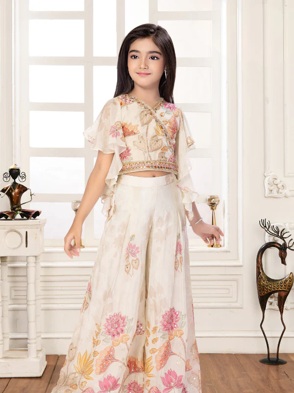 Girls' Chic Cream Embroidered Kurti & Wide-Leg Palazo Set (2-Piece)
