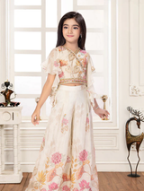 Girls' Chic Cream Embroidered Kurti & Wide-Leg Palazo Set (2-Piece)