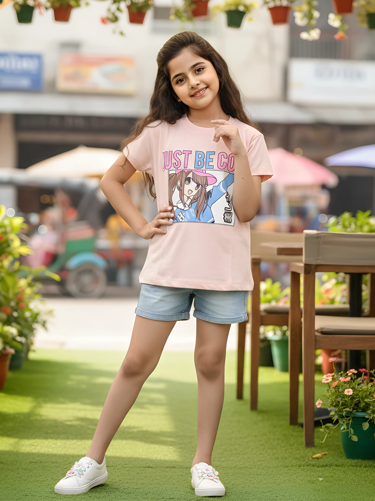 Girls' "Just Be Cool" Anime Graphic Tee - Peach