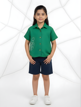 Girls Emerald Green Short Sleeve Shirt with Leaf Embroidery