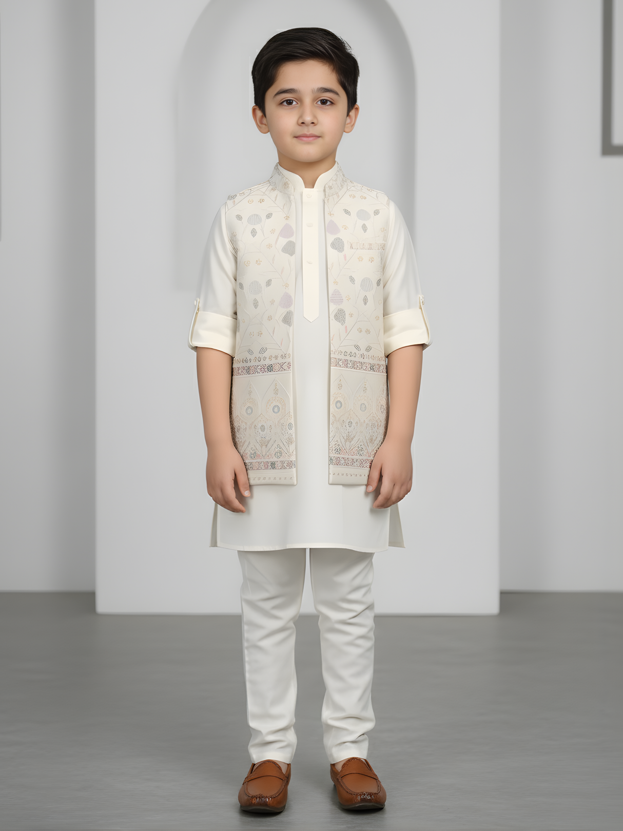Boys' Classic Cream Solid Kurta and Pajama Set