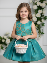 Girls' Lime Green Floral Printed Mini Anarkali Frock with Gold Zari Embroidery.