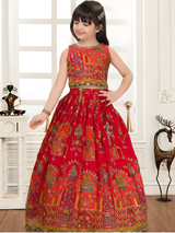 Girls' Festive Red Embroidered Choli and Long Printed Lehenga Set