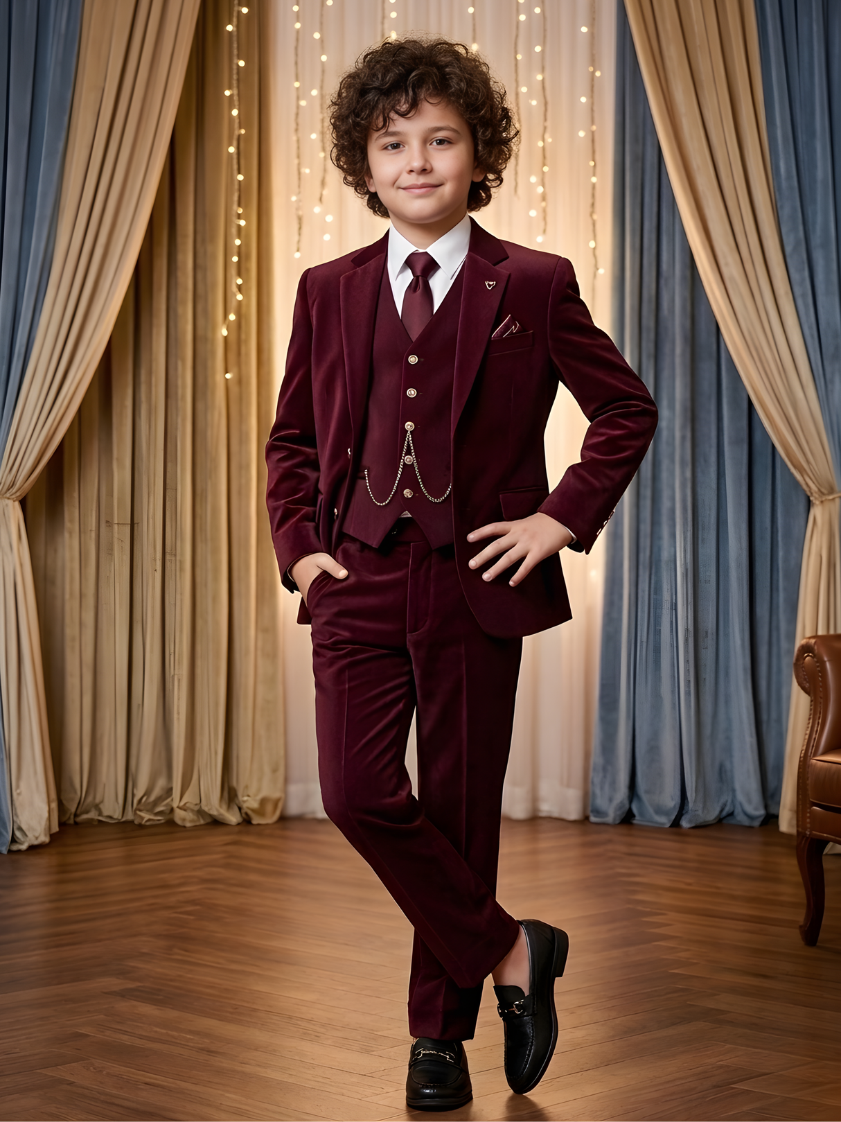 Boys' Plum/Maroon Velvet Achkan Suit with Gold Embroidered Motif