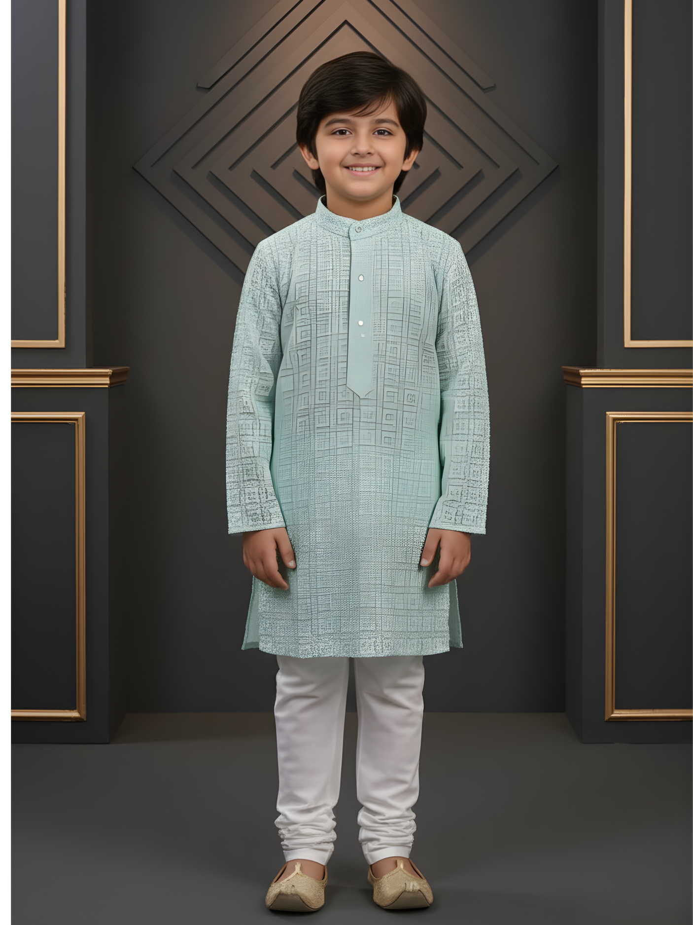 Boys' Mint Green Allover Embroidered Kurta Set