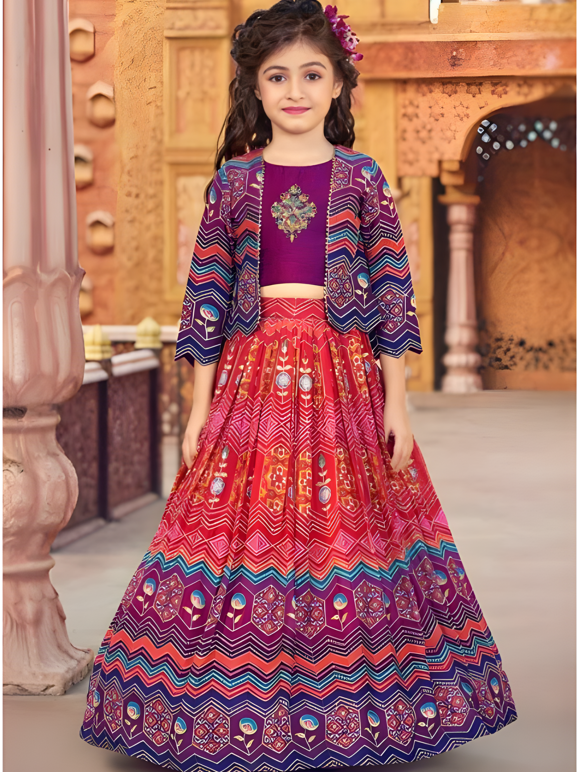 Girls Traditional 3/4th Sleeves Long Choli - Purple